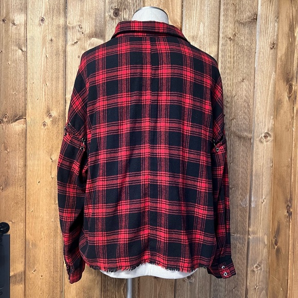 Lush Large Red Black Distressed Oversized Cotton Flannel Edgy - Picture 4 of 8